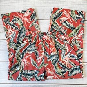 Christian Siriano Linen Blend Wide Leg Cropped Palazzo Pants Coral Tropical Leaf